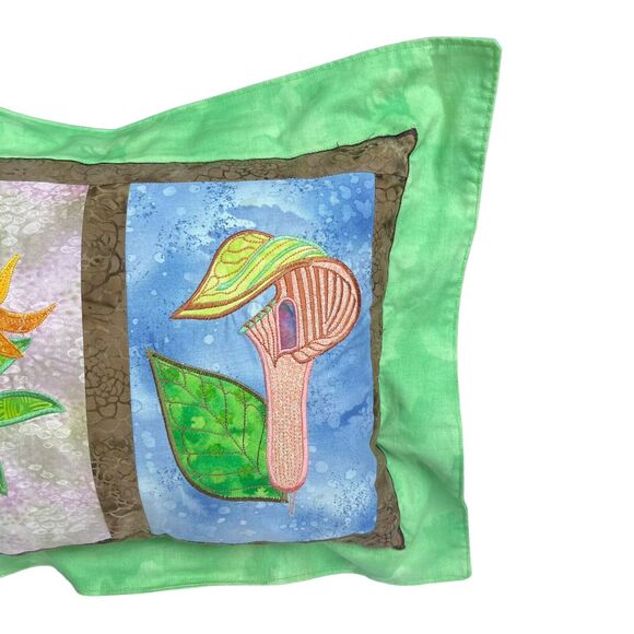 Vintage Floral Appliqué Embroidered Throw Pillow Quilted Batik Fabric Lily 20” - Picture 4 of 14